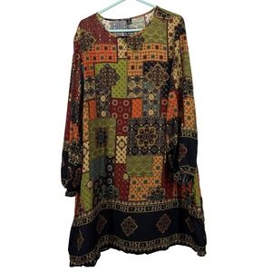 Plus Size 4X Patchwork Shift Dress Long Sleeve Multicolor Earth Tones Boho